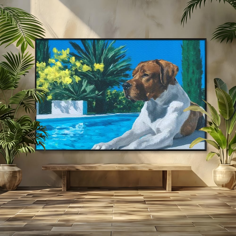 Tablou canvas cu tablou canvas cu caine la piscina, in rama de aluminiu negru